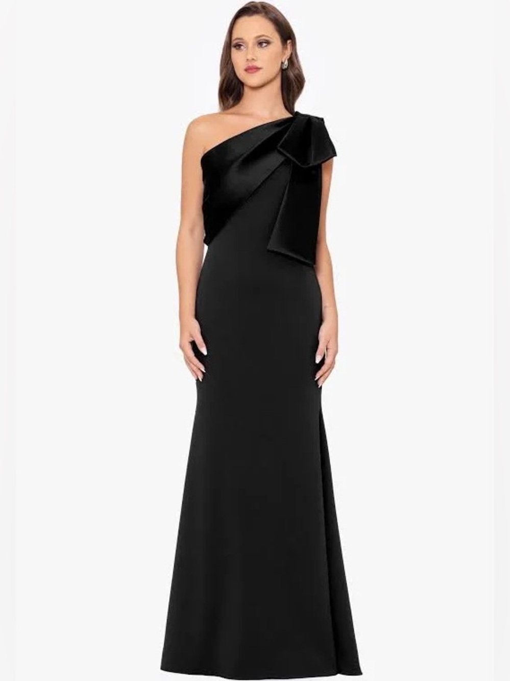 Betsy & Adam Carmela Bow One Shoulder Black Scuba Crepe Gown NWOT Size 6